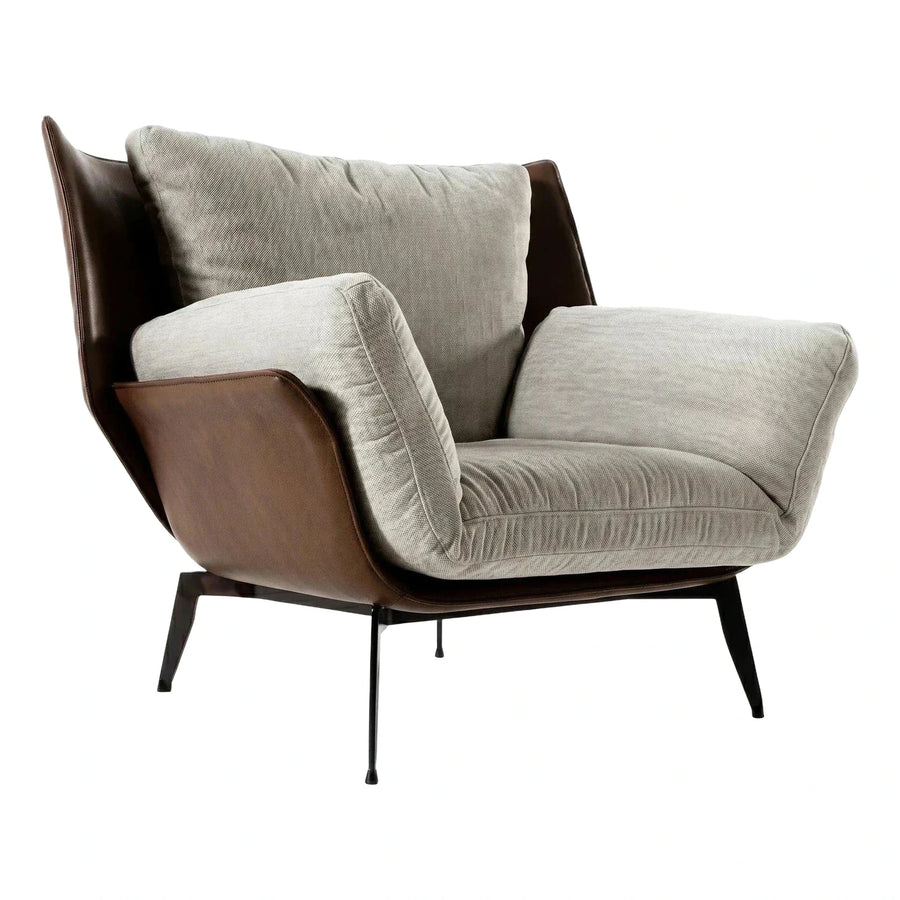 Modern Brown Leather and Beige Fabric Lounge Chair
