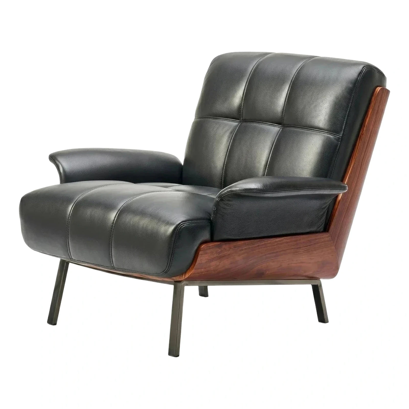 Modern Black Leather Lounge Chair with Wood Frame