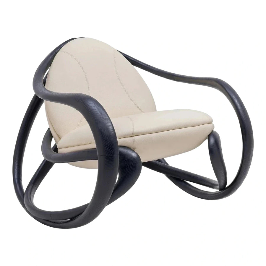 Sculptural Black Wood Frame Cream Leather Lounge Chair