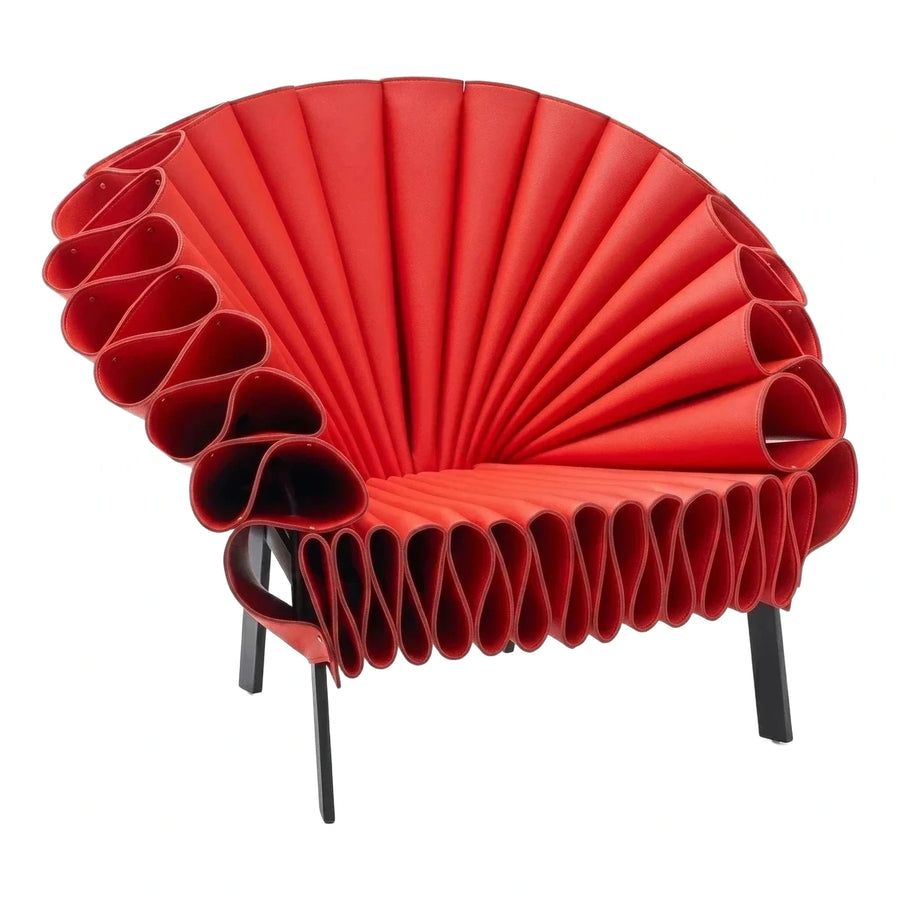 Red Sculptural Fan Shaped Leather Lounge Chair