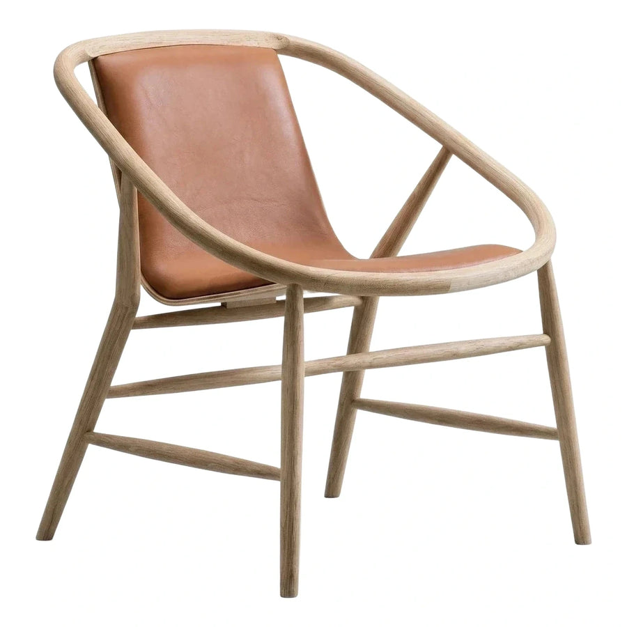 Curved Wooden Armchair with Tan Leather Seat