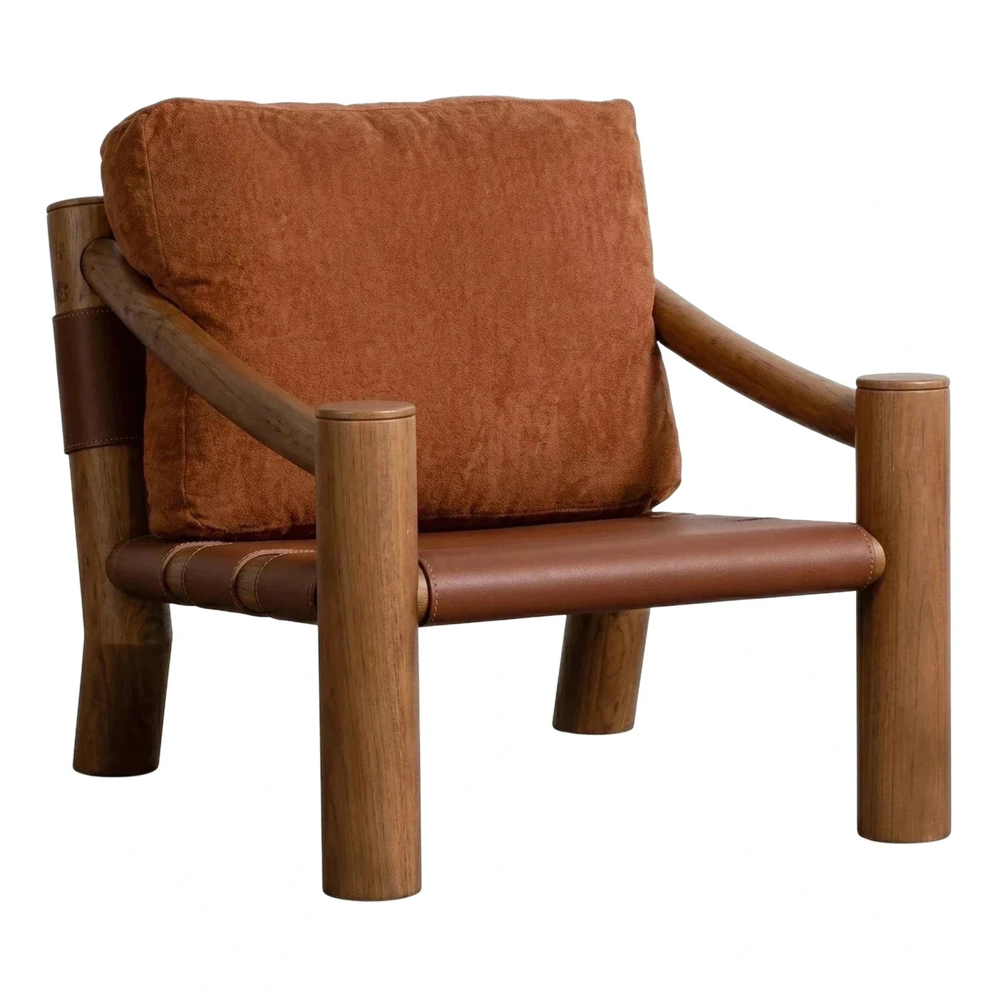 Modern Brown Leather and Wood Lounge Armchair