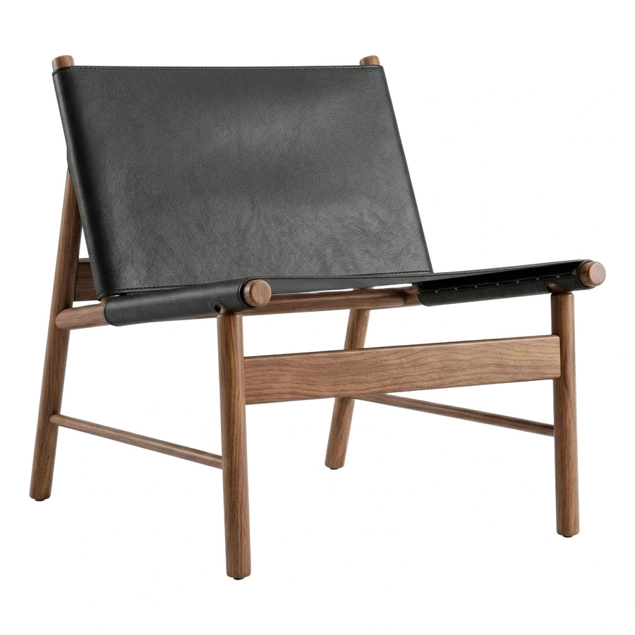 Modern Black Leather Sling Lounge Chair Wood Frame