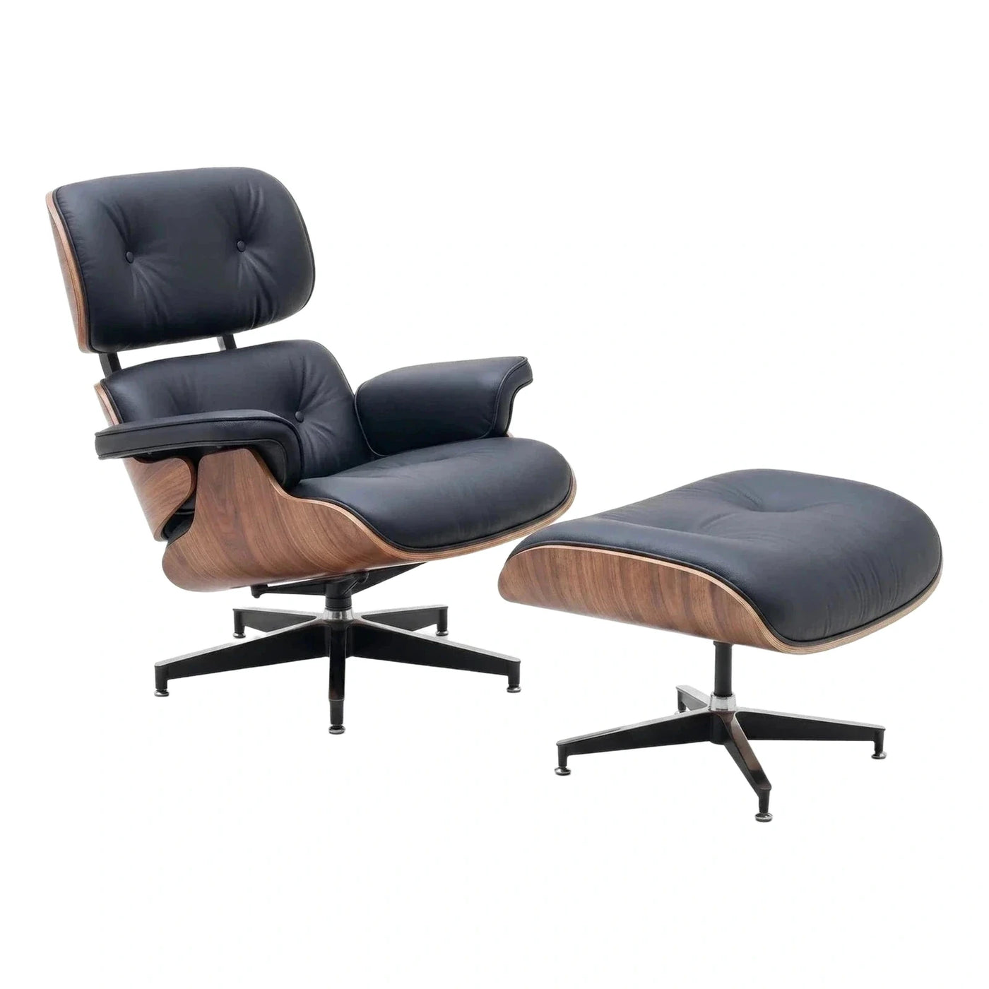 Black Leather Lounge Chair and Ottoman Set