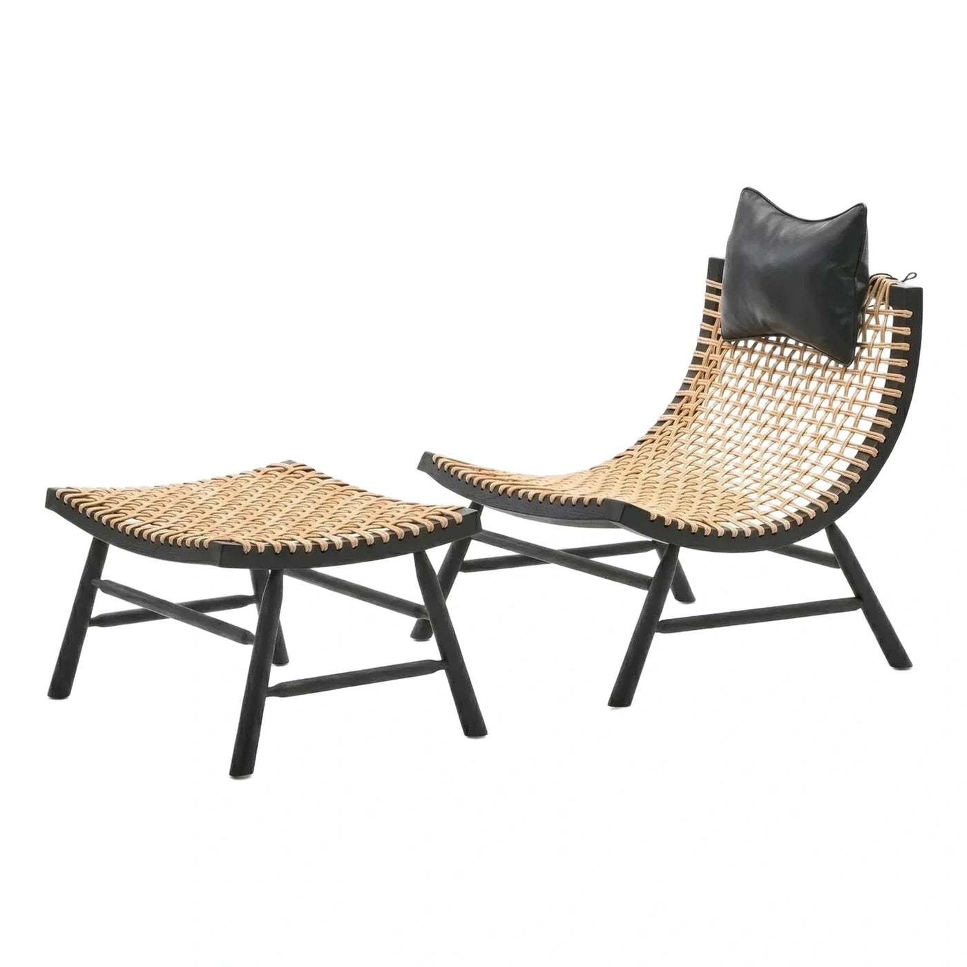 Modern Black Wood Woven Lounge Chair with Ottoman