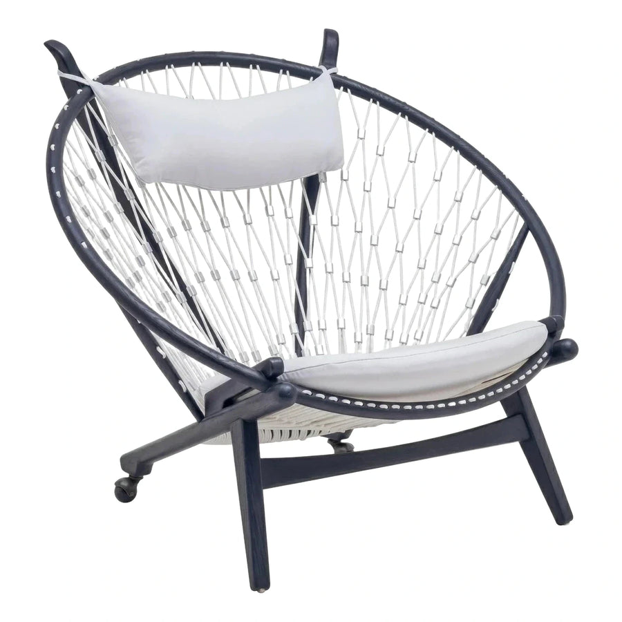 Dark Wood Round Woven Lounge Chair with White Cushions