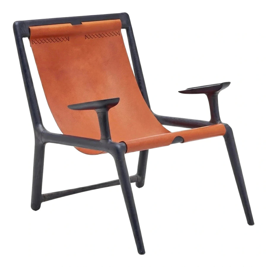 Modern Dark Wood Frame Tan Leather Sling Lounge Chair
