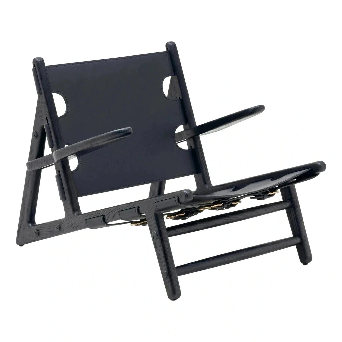 Black Leather Sling Lounge Chair with Dark Wood Frame
