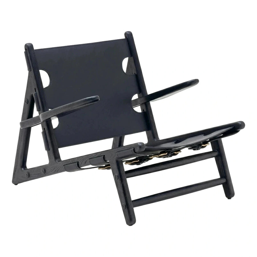Black Leather Sling Lounge Chair with Dark Wood Frame