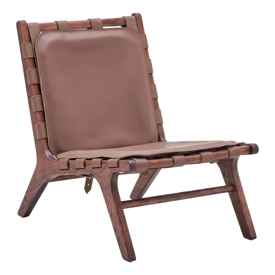 Dark Wood Frame Brown Leather Sling Lounge Chair