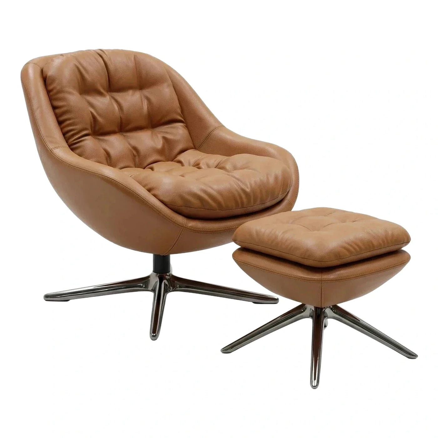 Cognac Leather Swivel Lounge Chair with Ottoman