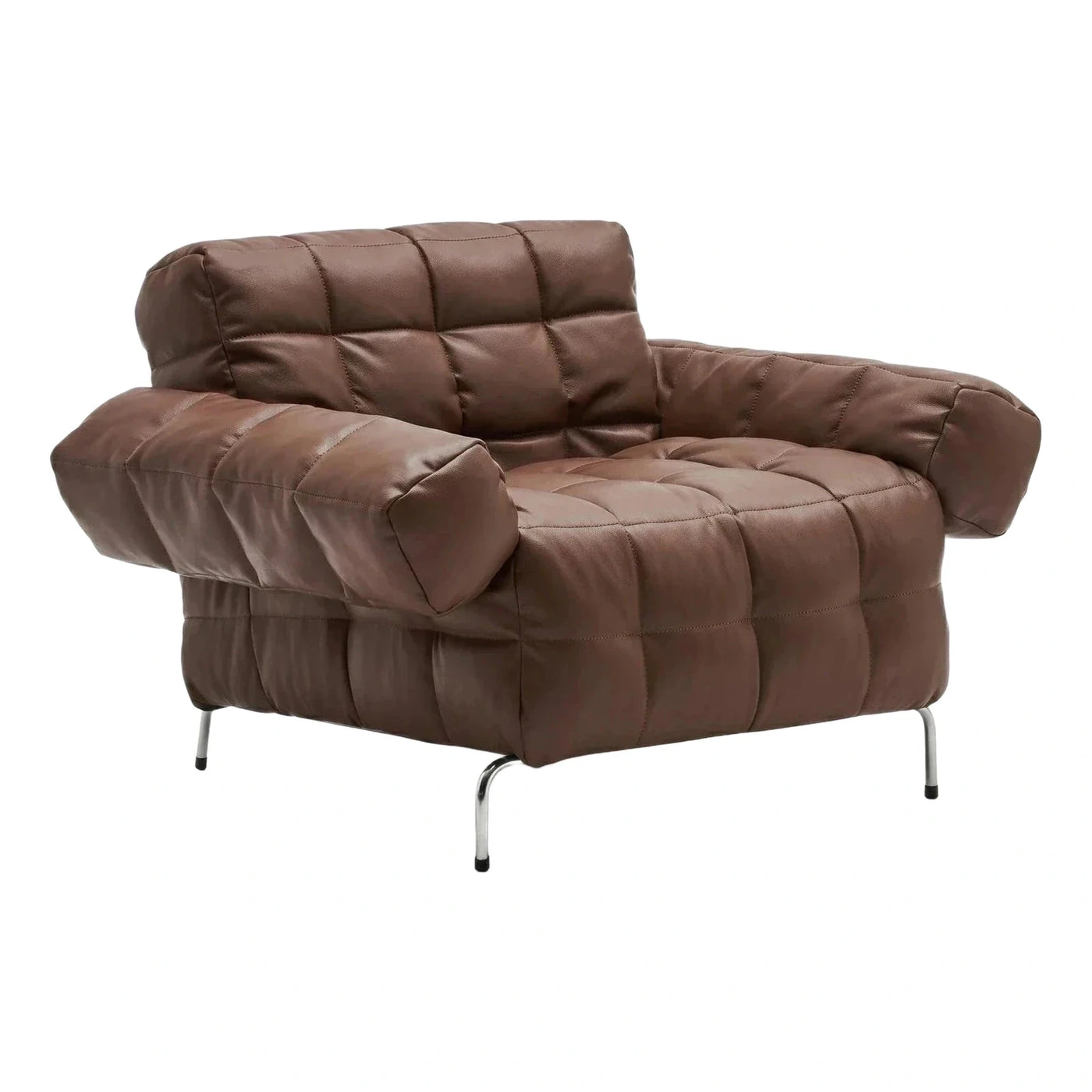 Brown Leather Quilted Lounge Chair with Chrome Legs