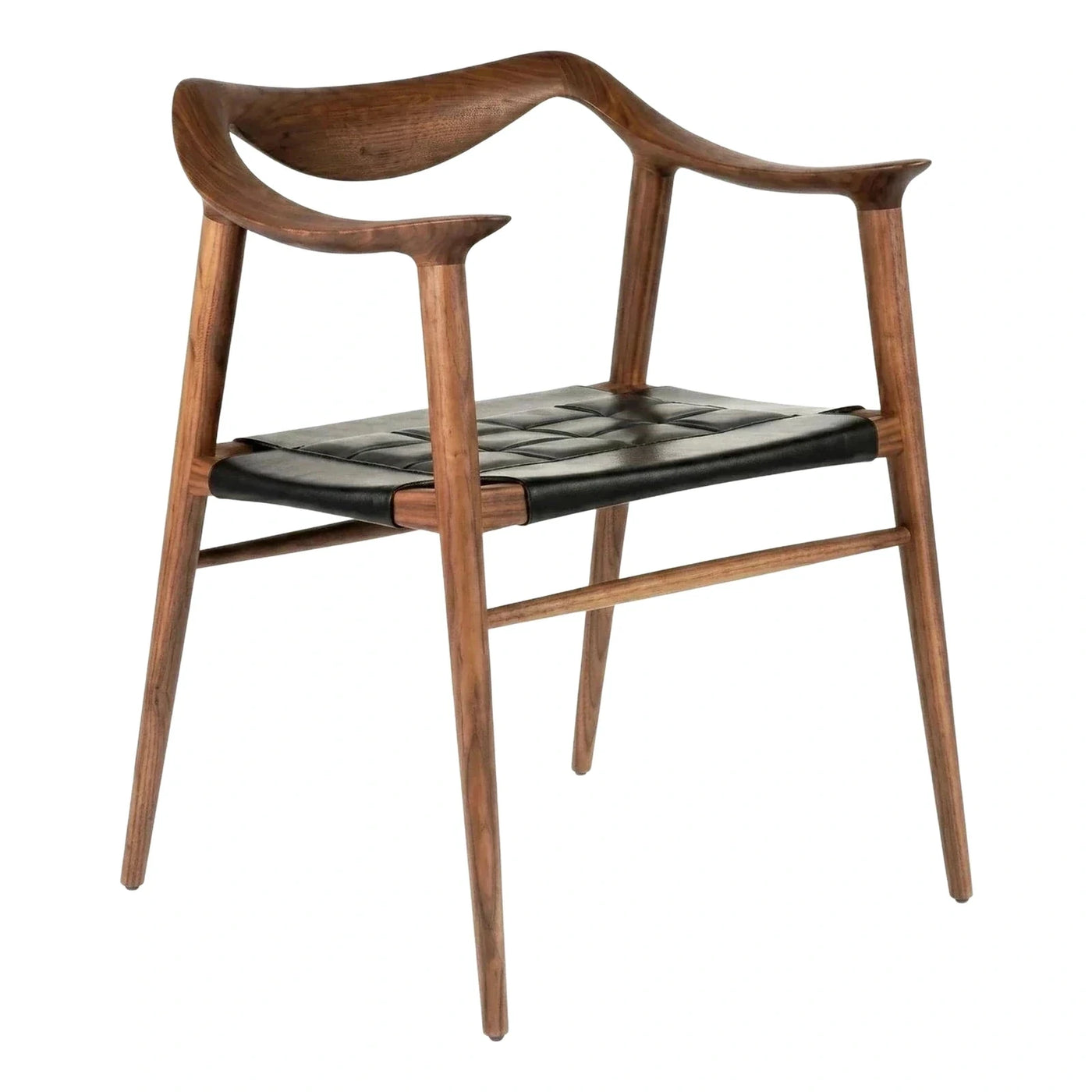 Walnut Wood Armchair with Woven Black Leather Seat