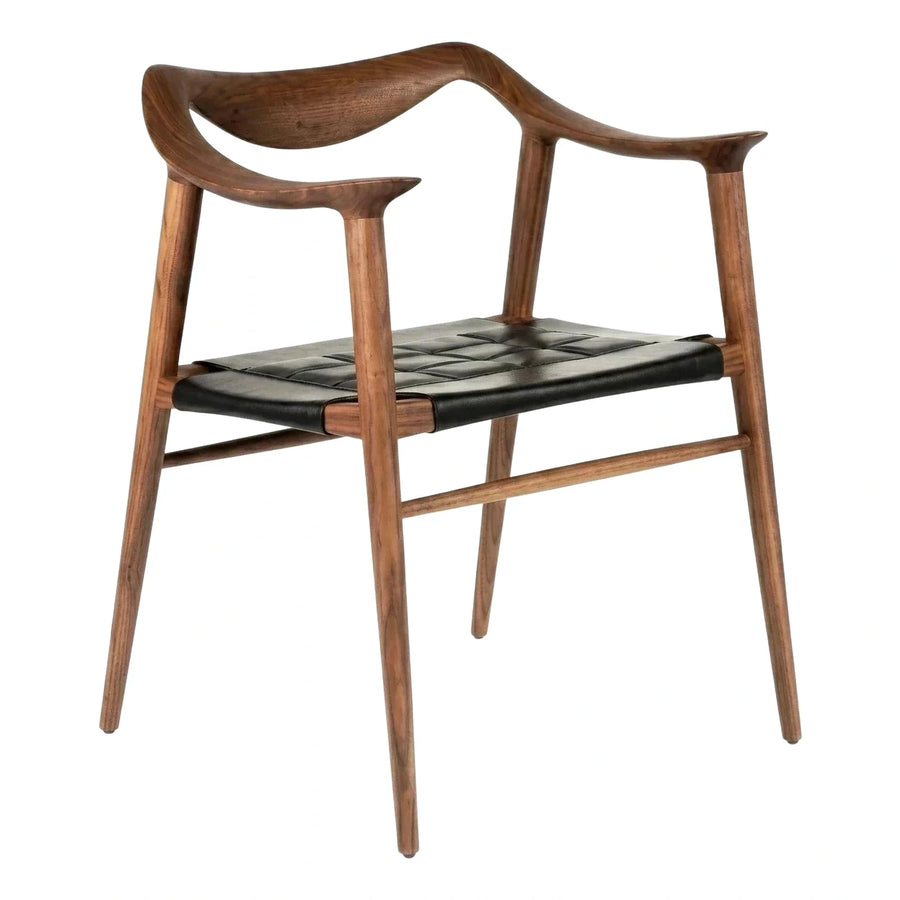 Walnut Wood Armchair with Woven Black Leather Seat