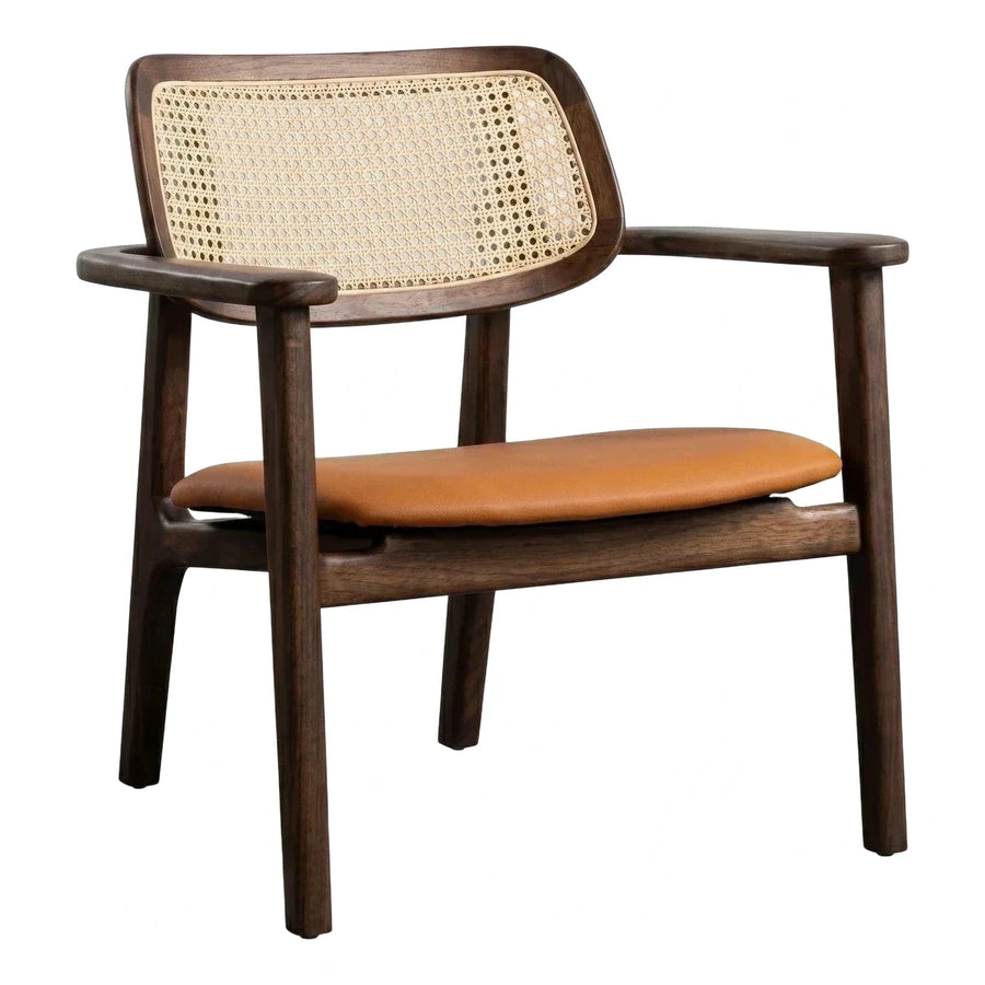Dark Wood Armchair with Cane Back and Tan Leather Seat