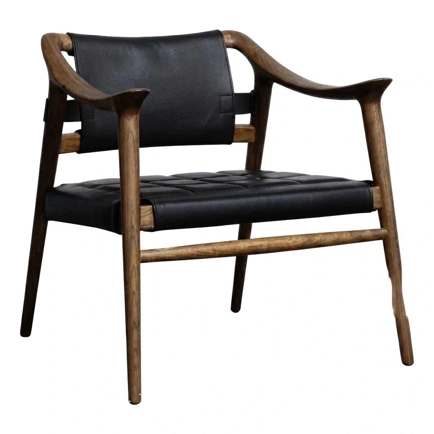 Black Leather Lounge Chair with Dark Wood Frame