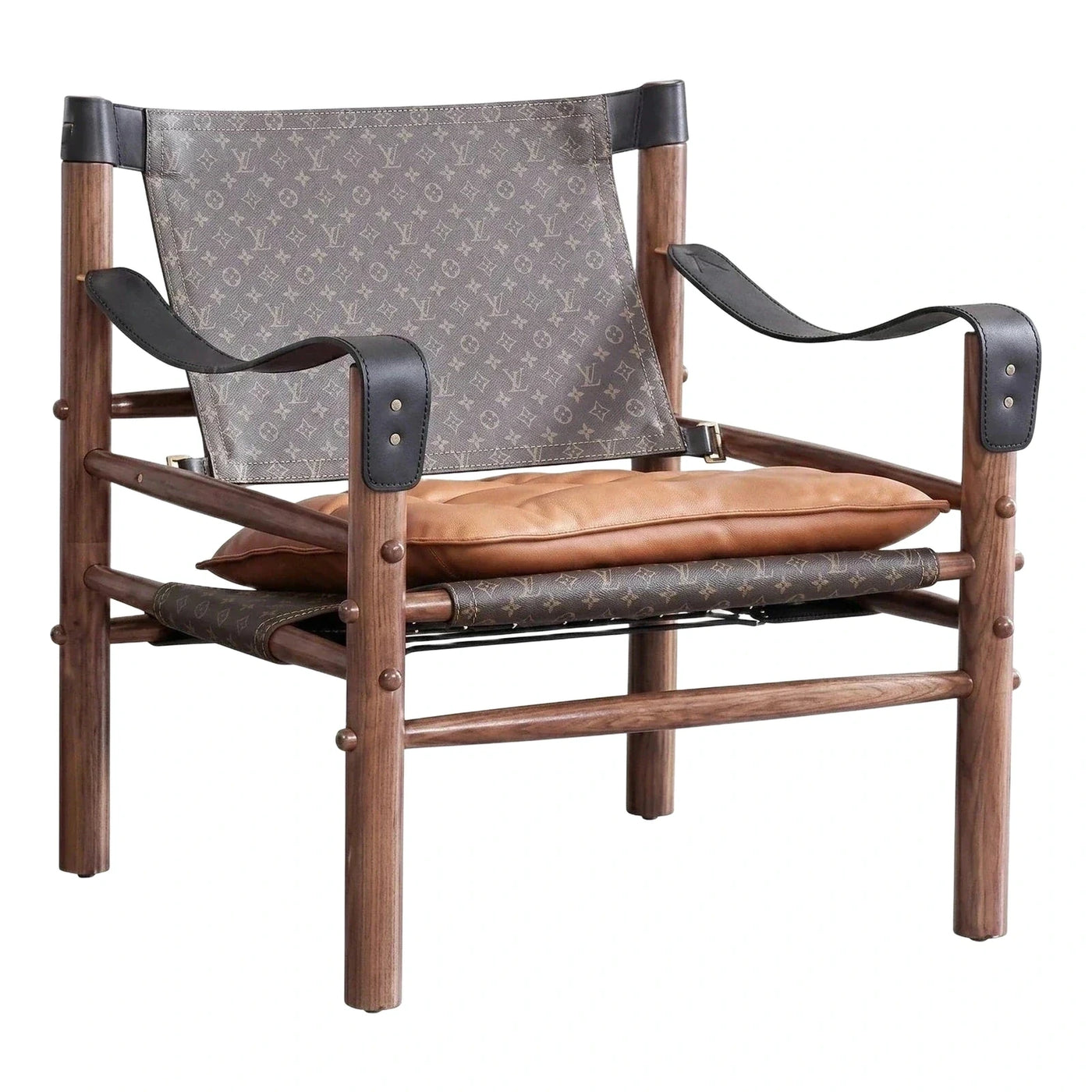 Monogram Patterned Safari Lounge Chair with Leather Seat