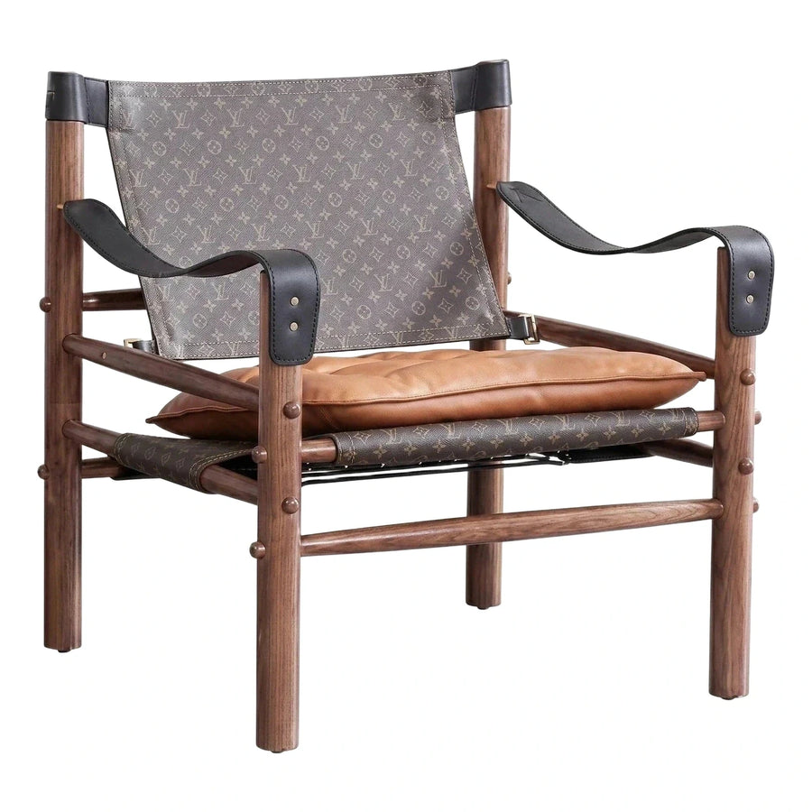 Monogram Patterned Safari Lounge Chair with Leather Seat