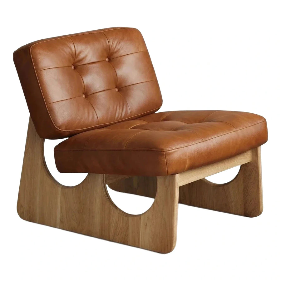 Tufted Brown Leather Lounge Chair with Wood Base