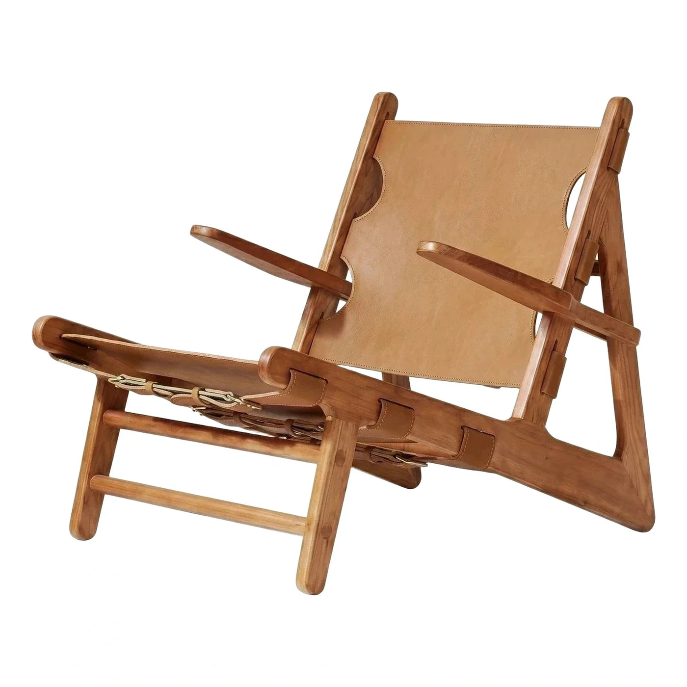 Wooden Frame Tan Leather Sling Lounge Chair
