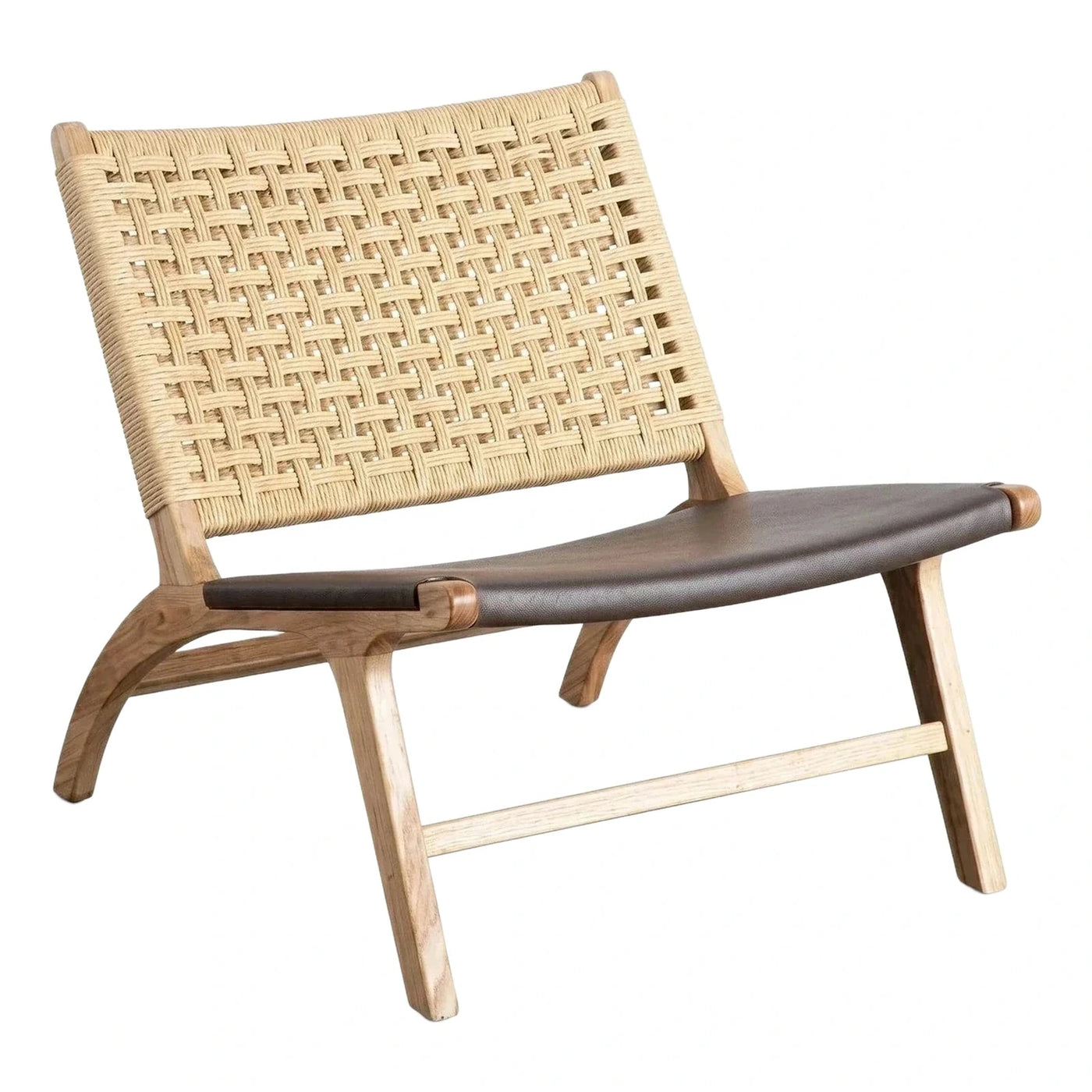 Light Wood Lounge Chair with Woven Back and Leather Seat