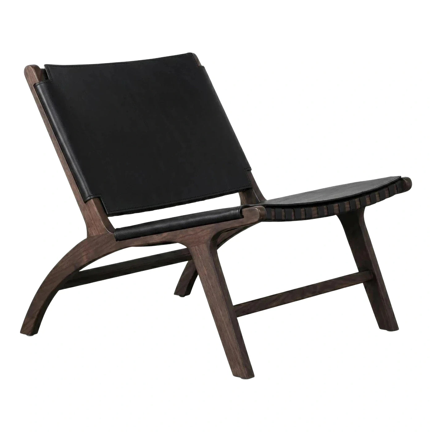 Modern Black Leather Sling Lounge Chair Dark Wood