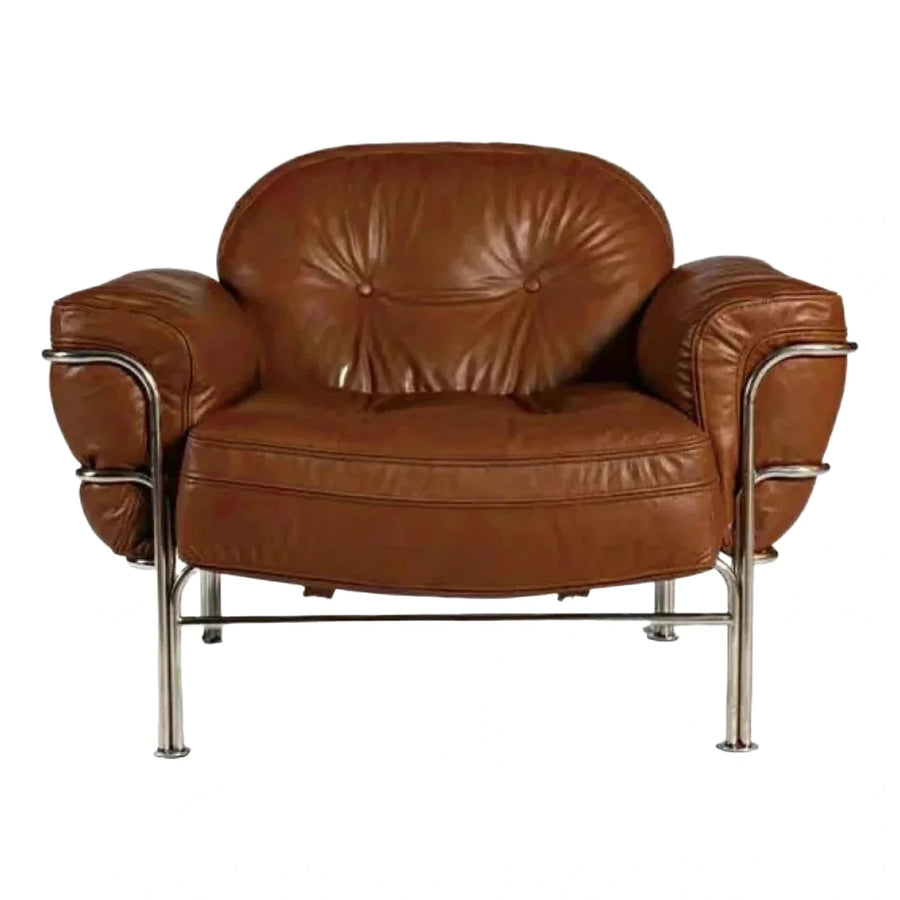 Brown Leather Armchair with Chrome Tubular Frame