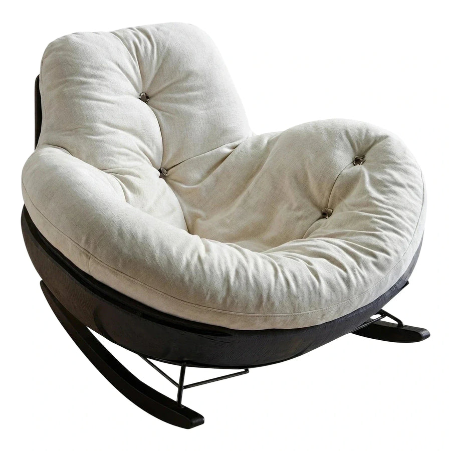Cream Tufted Fabric Rocking Lounge Chair Dark Wood Base