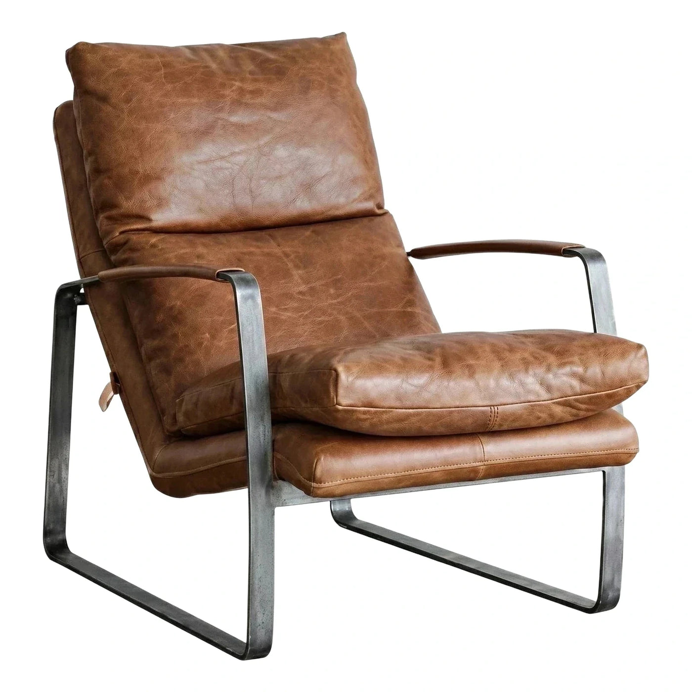 Brown Leather Cantilever Lounge Chair with Metal Frame