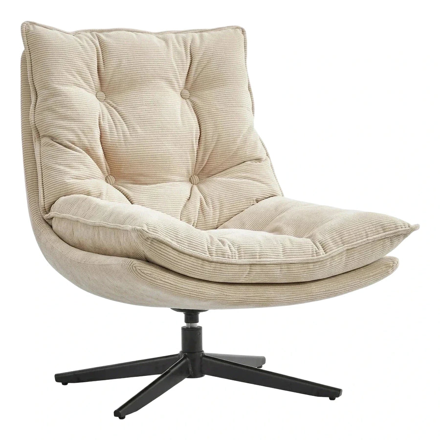 Cream Corduroy Swivel Lounge Chair with Tufted Back