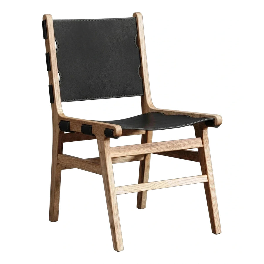 Black Leather Sling Lounge Chair with Wooden Frame