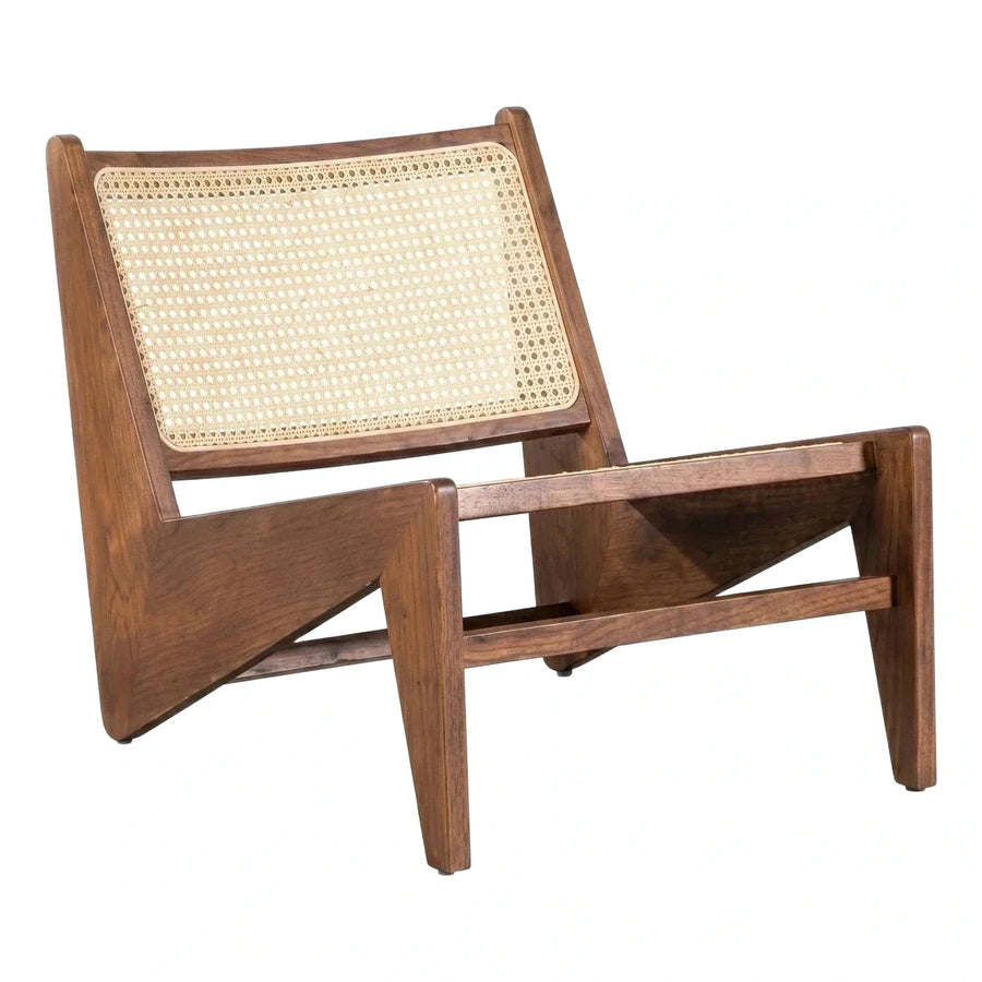 Angular Walnut Wood Lounge Chair with Cane Backrest