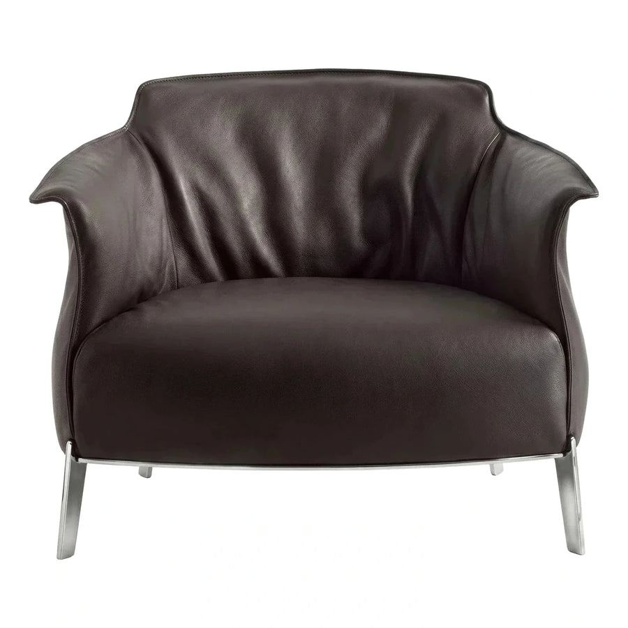 Modern Dark Brown Leather Armchair with Chrome Base