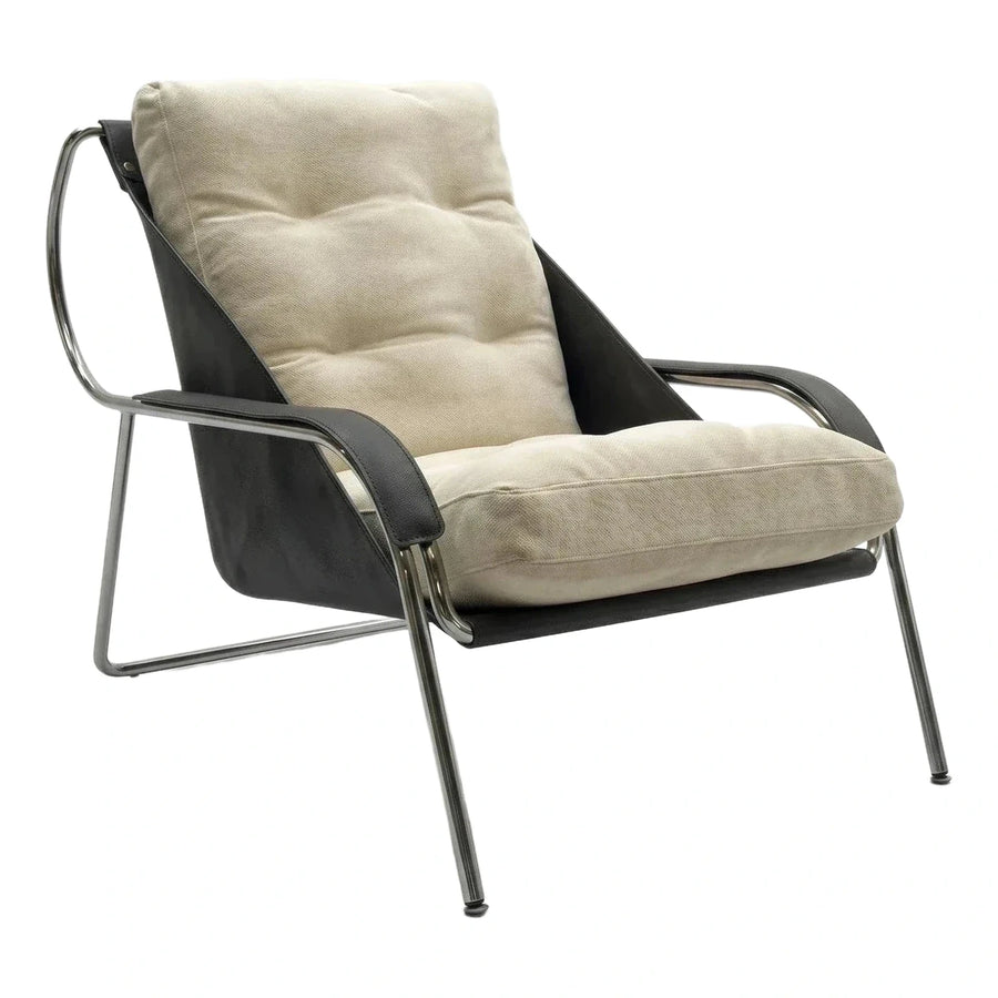 Modern Chrome Lounge Chair with Black Leather and Cream Cushions