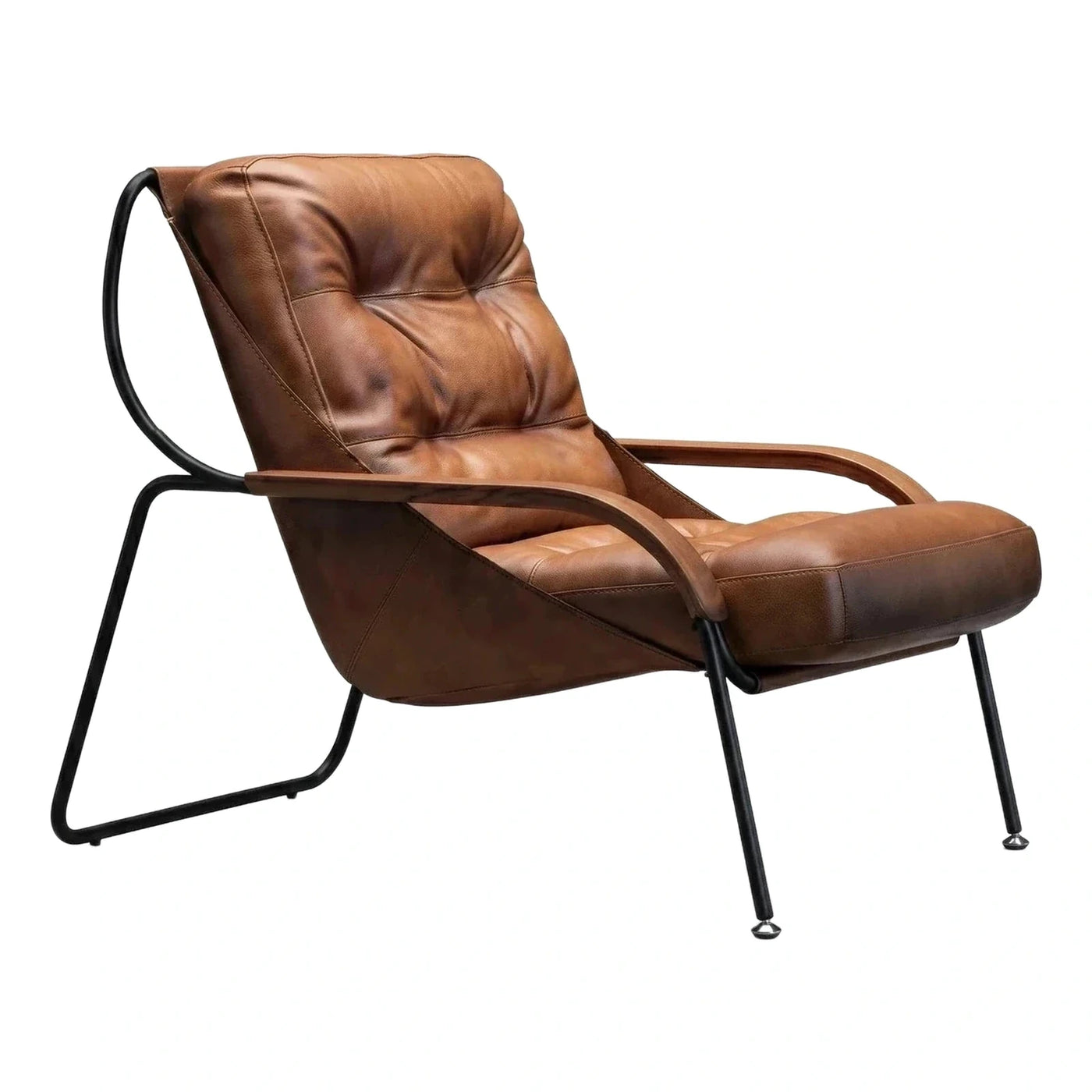 Modern Brown Leather Lounge Chair with Wood Arms