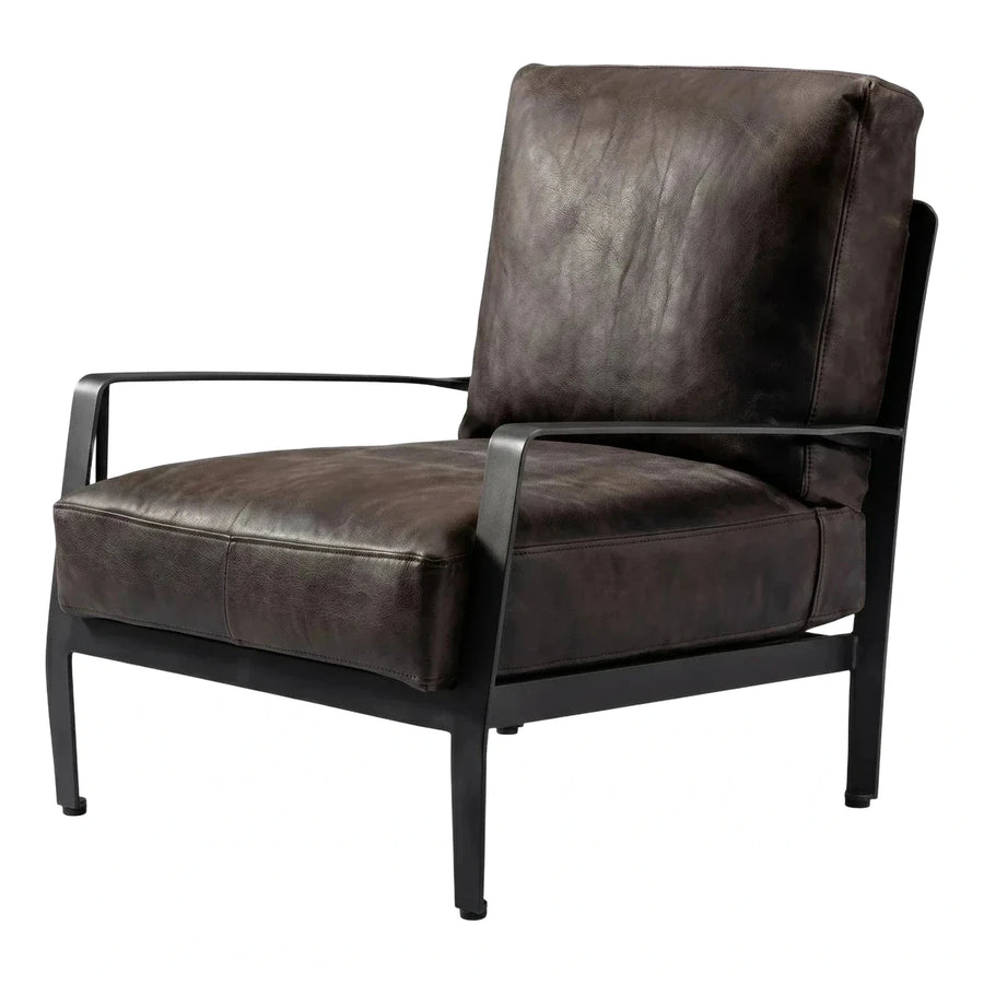 Dark Brown Leather Armchair with Black Metal Frame