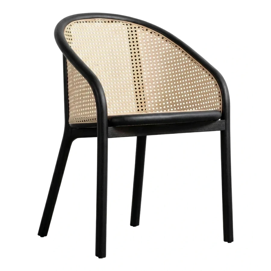 Black Wood Armchair with Natural Cane Backrest