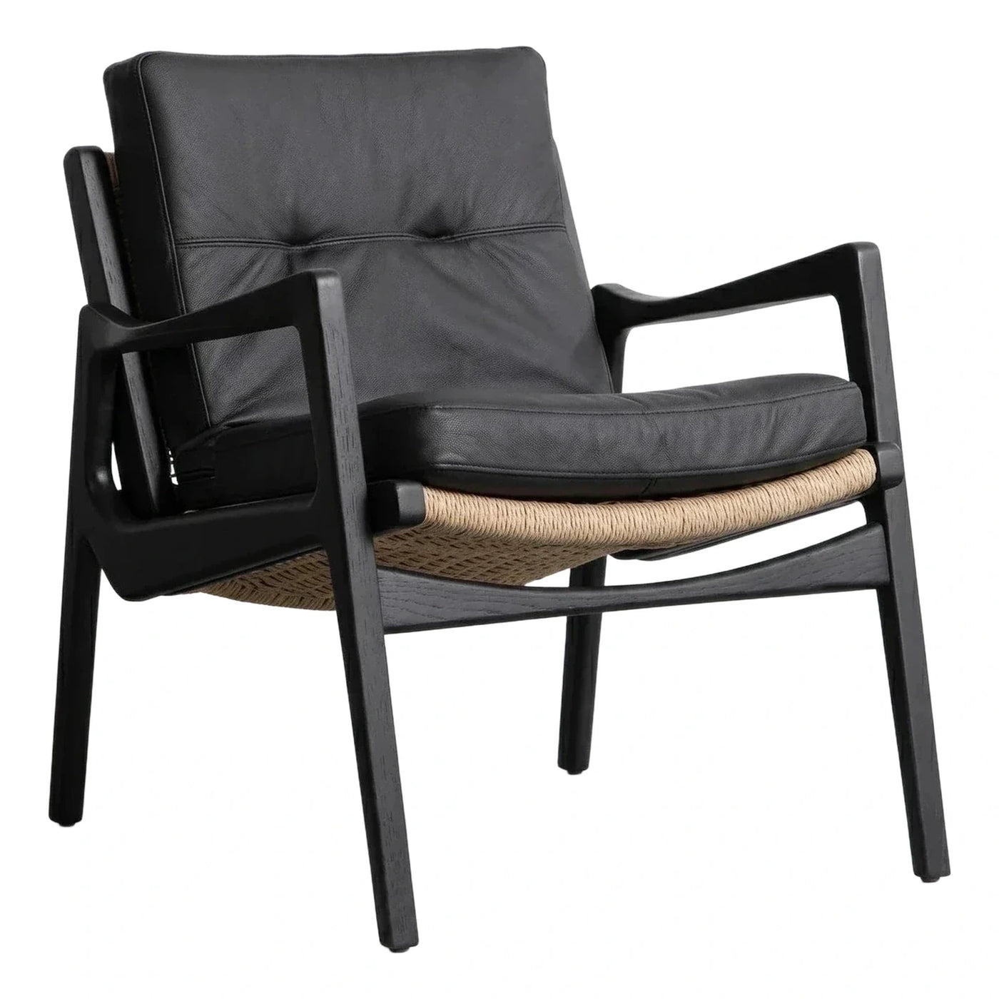 Black Leather Lounge Chair with Woven Rope Base