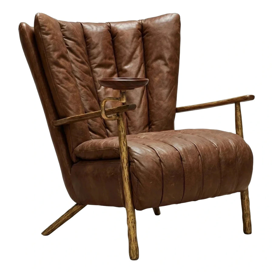 Brown Leather Lounge Chair with Rustic Wood Frame