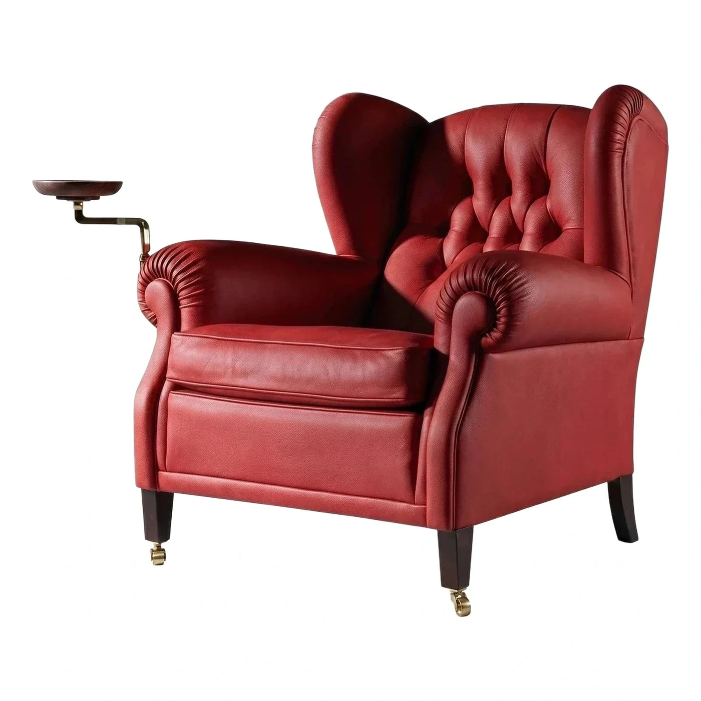 Red Leather Wingback Armchair with Attached Side Table