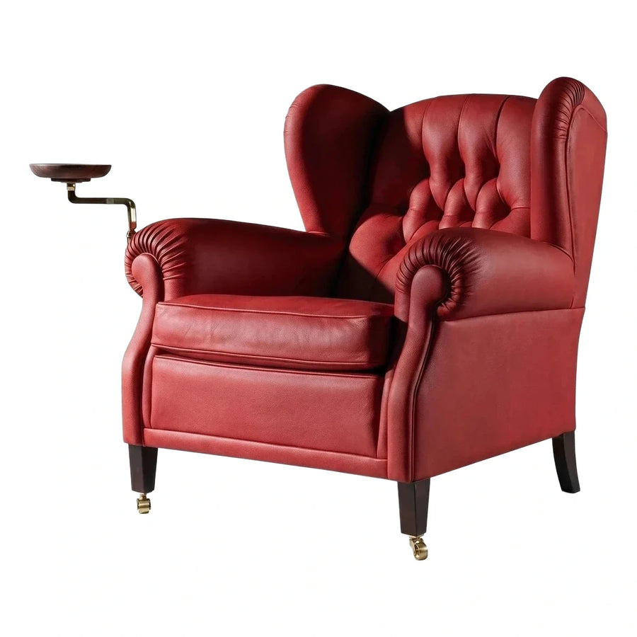 Red Leather Wingback Armchair with Attached Side Table