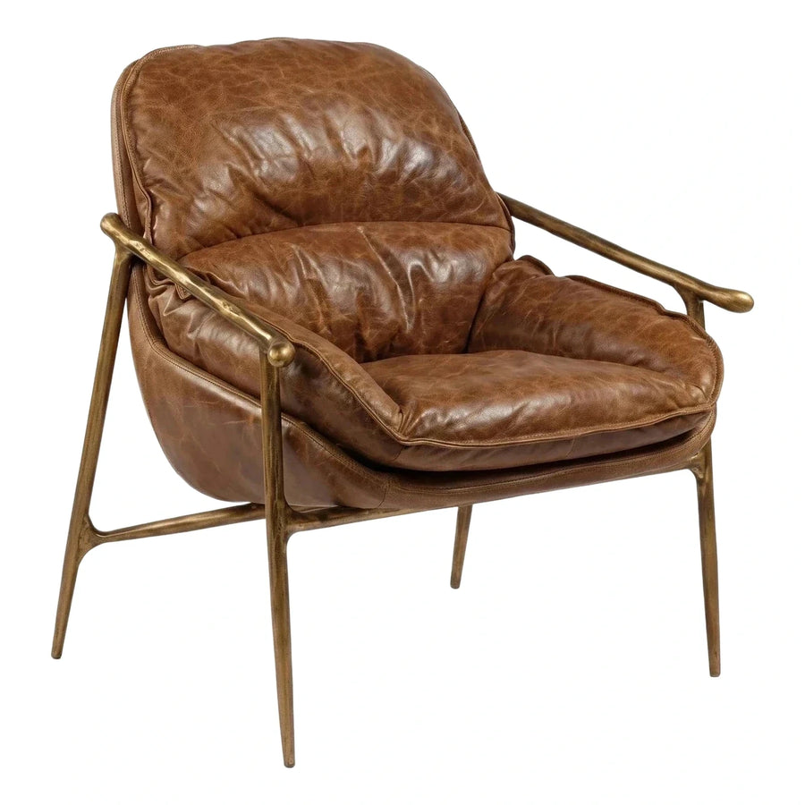 Brown Leather Lounge Chair with Brass Metal Frame