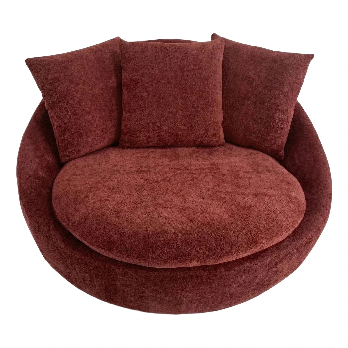 Round Burgundy Plush Lounge Chair with Back Pillows