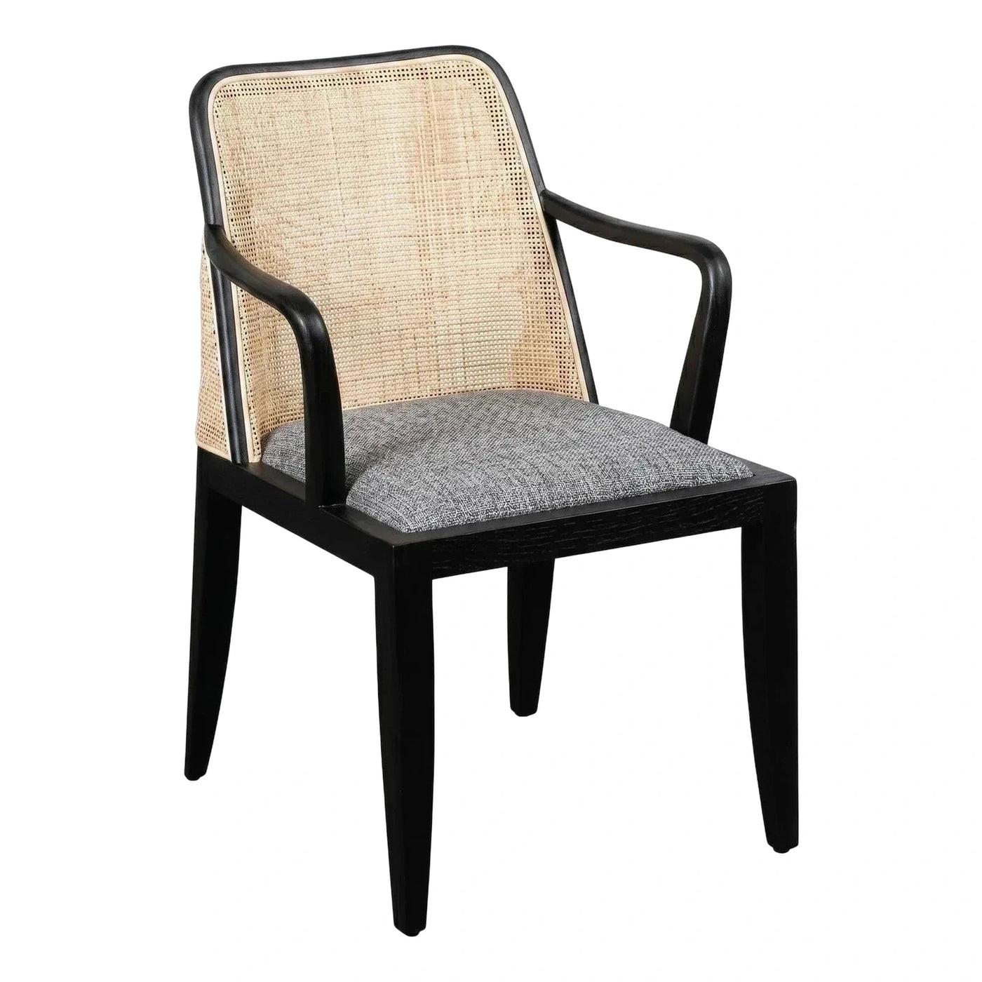 Black Wood Armchair with Cane Back and Grey Seat
