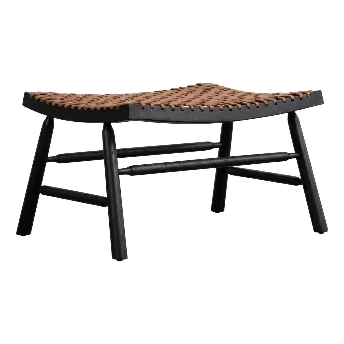 Black Wood Frame Woven Leather Bench