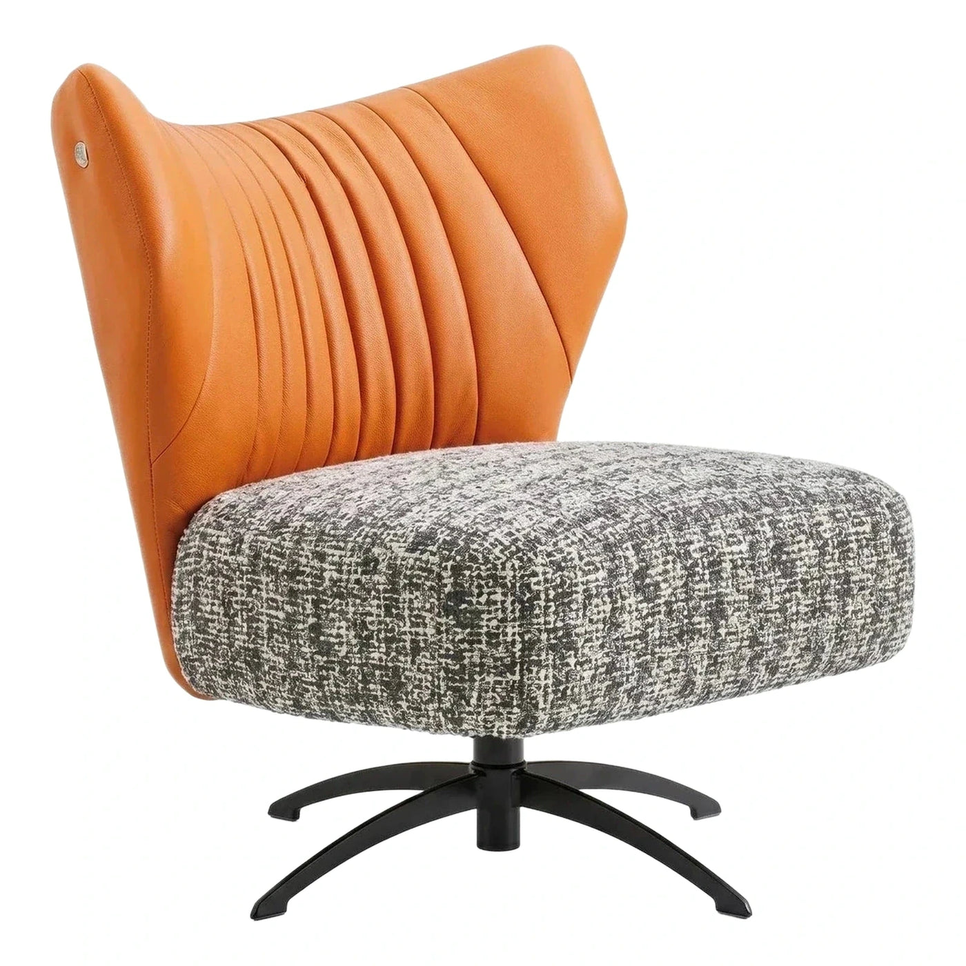 Modern Orange Leather and Grey Fabric Swivel Lounge Chair