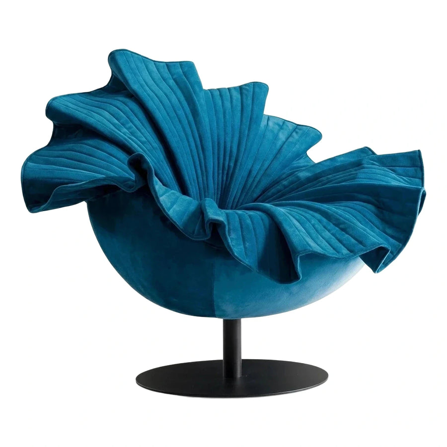 Sculptural Blue Velvet Flower Swivel Lounge Chair