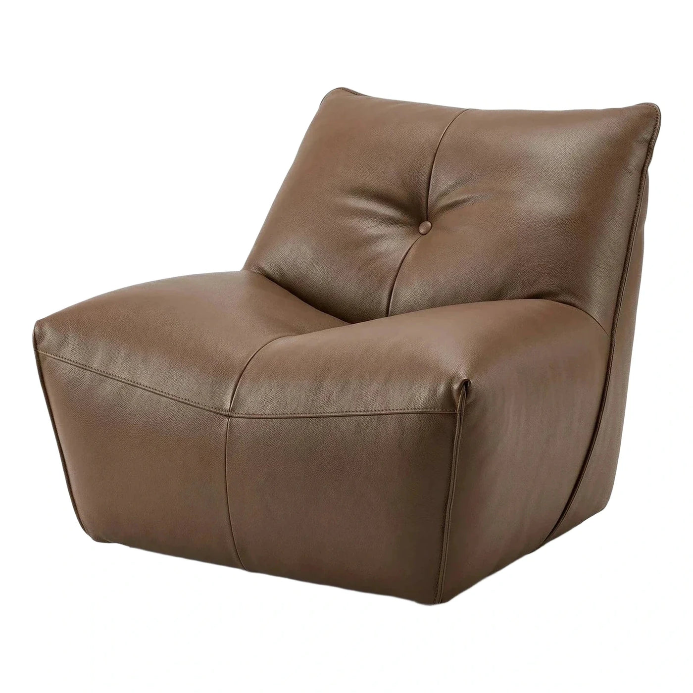 Modern Brown Leather Lounge Chair with Button Detail