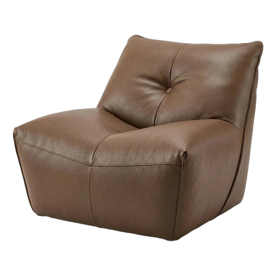 Modern Brown Leather Lounge Chair with Button Detail