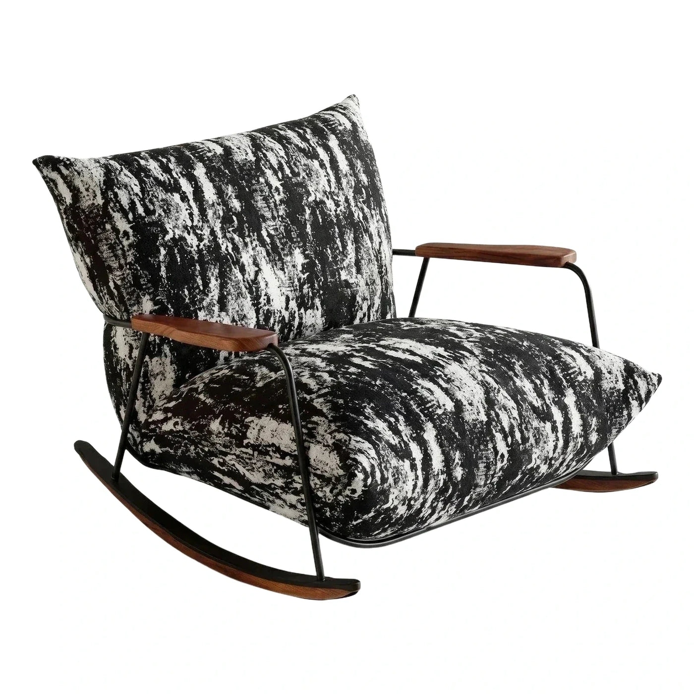 Modern Abstract Print Fabric Rocking Chair with Wood Accents